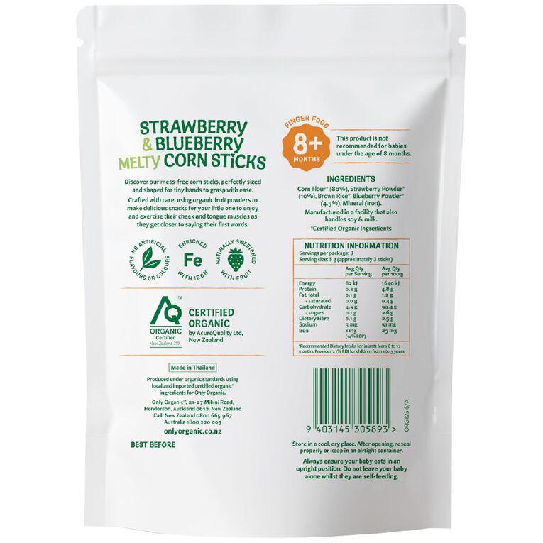 Only Organic Strawberry & Blueberry Melty Corn Sticks 8+ Months, , hi-res