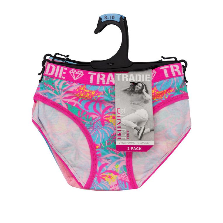 Tradie Girls' Bikini Briefs 3 Pack, Pink, hi-res