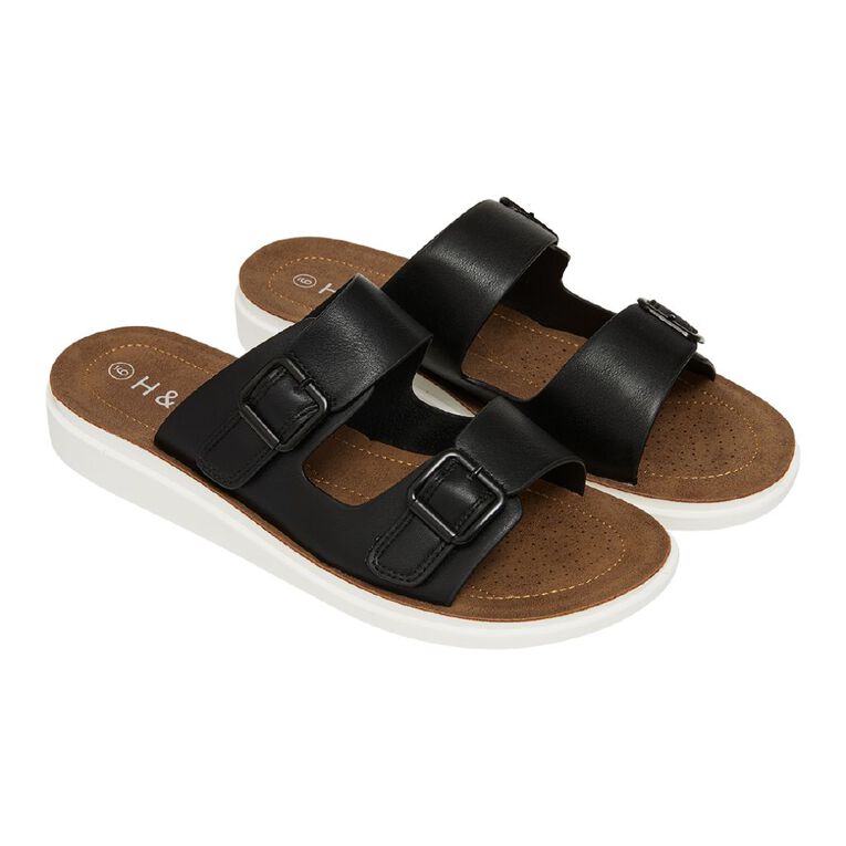 H&H Women's Double Stripe Comfort Sandals, Black, hi-res