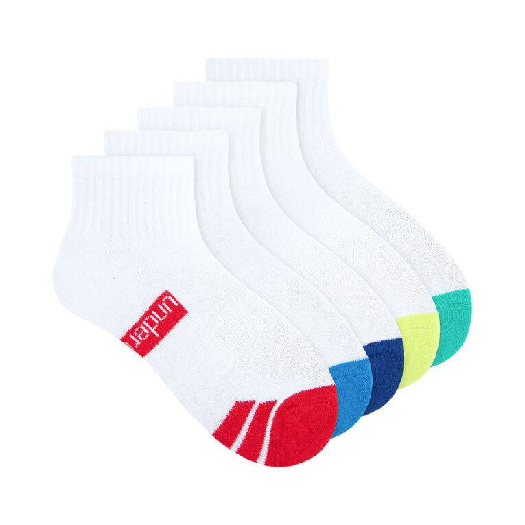 Underworks Boys' Cushioned Sport Quarter Crew Socks 5 Pack, White, hi-res
