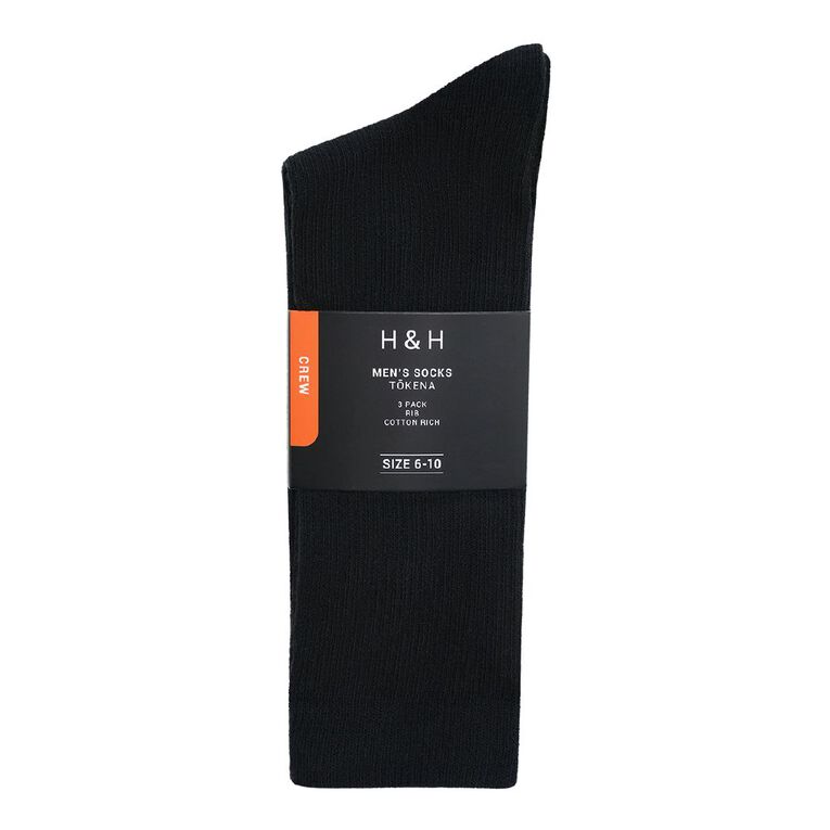 H&H Mens' Ribbed Crew Socks 3 Pack, Black, hi-res