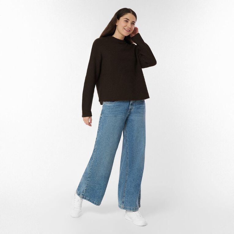 H&H Women's Long Sleeve Boxy Cotton Like Rib Crew, Brown Dark, hi-res
