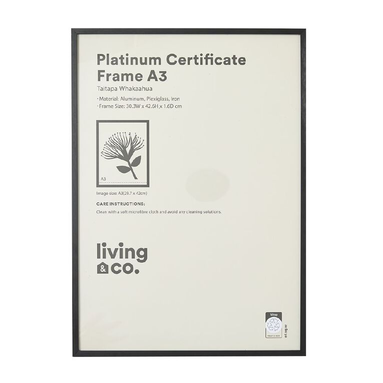 Living & Co Platinum Metal Certificate Frame Black A3, , hi-res