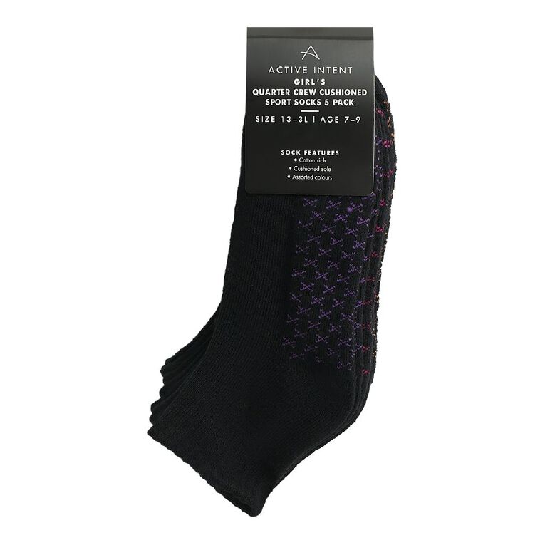 Active Intent Girls' Quarter Crew Cushioned Socks 5 Pack, Black, hi-res