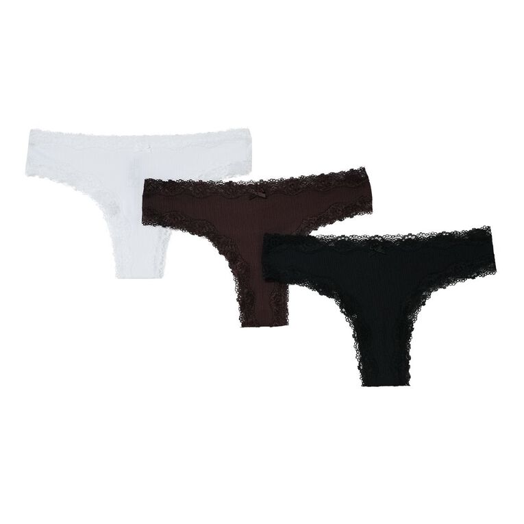 H&H Women's Rib And Lace G-strings 3 Pack, Black, hi-res