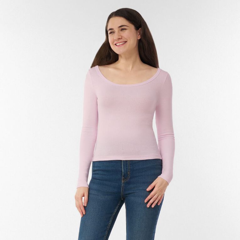H&H Women's Long Sleeve Scoop Neck Rib Top, Pink Light, hi-res