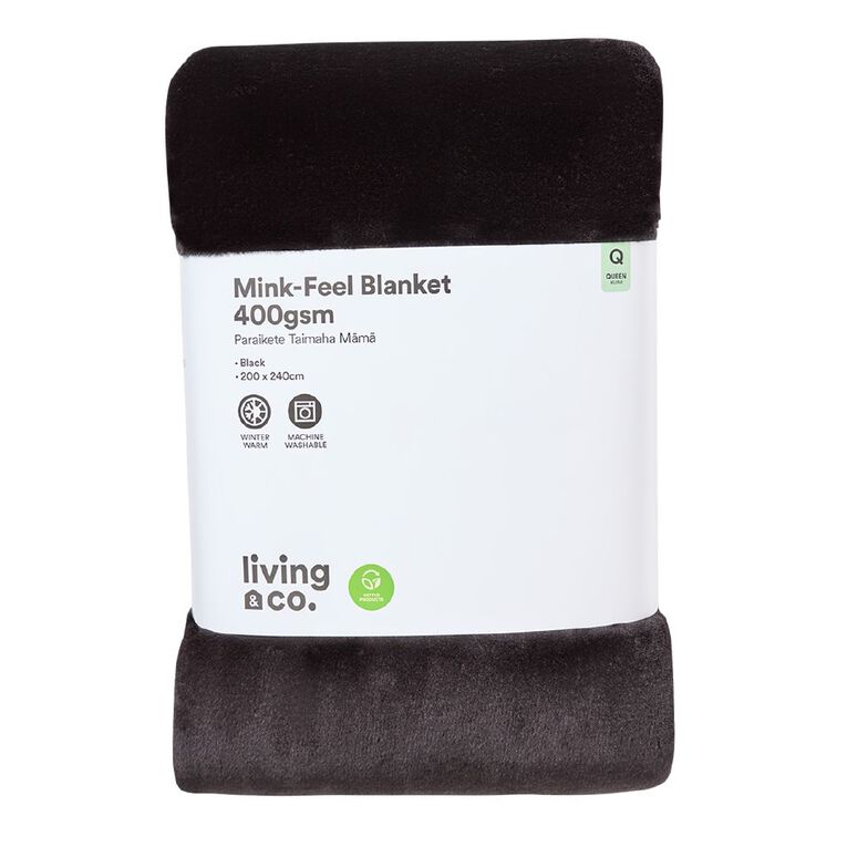 Living & Co 400gsm Mink Feel Blanket Black Queen, Black, hi-res