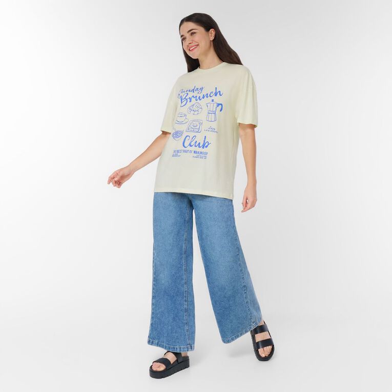 H&H Women's Short Sleeve Boyfriend Graphic Tee, Cream SUNDAY, hi-res