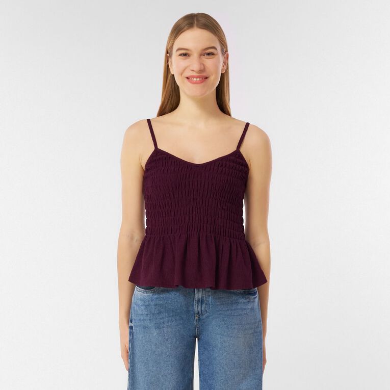 H&H Women's Shirred Peplum Cami, Purple Dark, hi-res