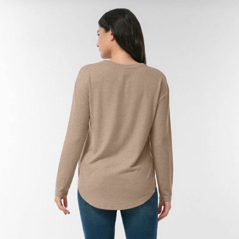 H&H Women's Brushed Fleece Drop Shoulder Top, Brown Mid, hi-res