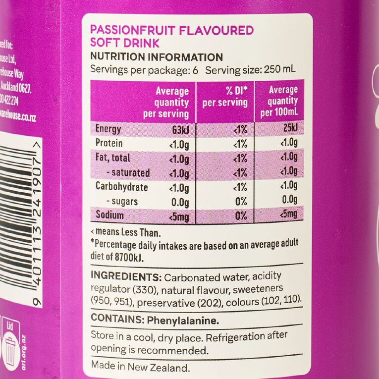 Nice 99% Sugar Free Passionfruit Carbonated Soft Drink 1.5L, , hi-res