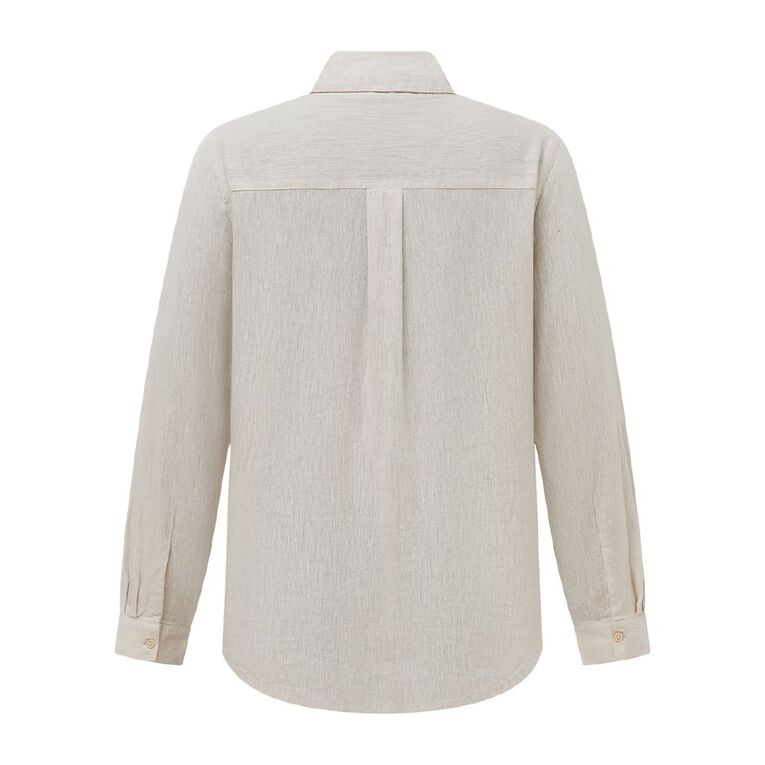 H&H Women's Long Sleeve Essential Linen Blend Shirt, Brown Light OAT MRL, hi-res