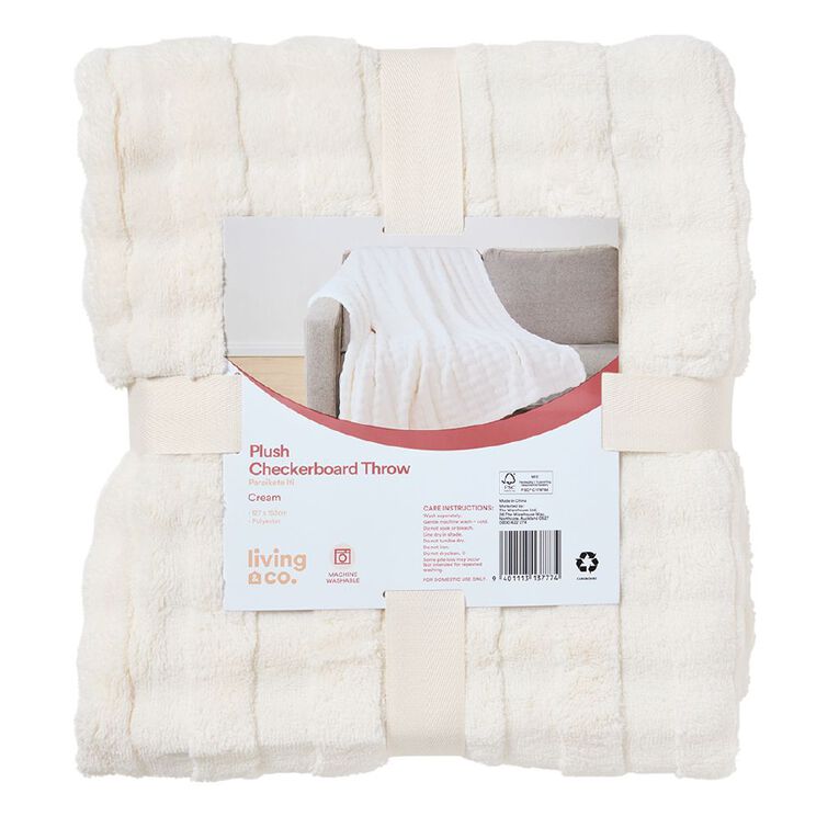 Living & Co Plush Checkerboard Throw Cream 127cm x 152cm, Cream, hi-res
