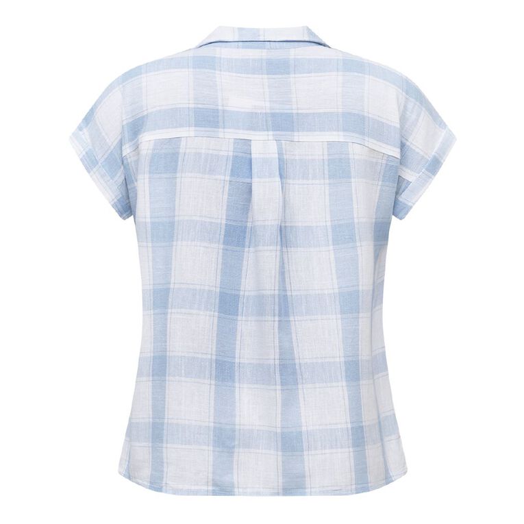 H&H Women's Short Roll Sleeve Linen Blend Blouse, Blue, hi-res