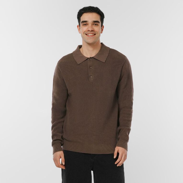H&H Men's Polo Fisherman Rib Pullover, Brown Dark, hi-res