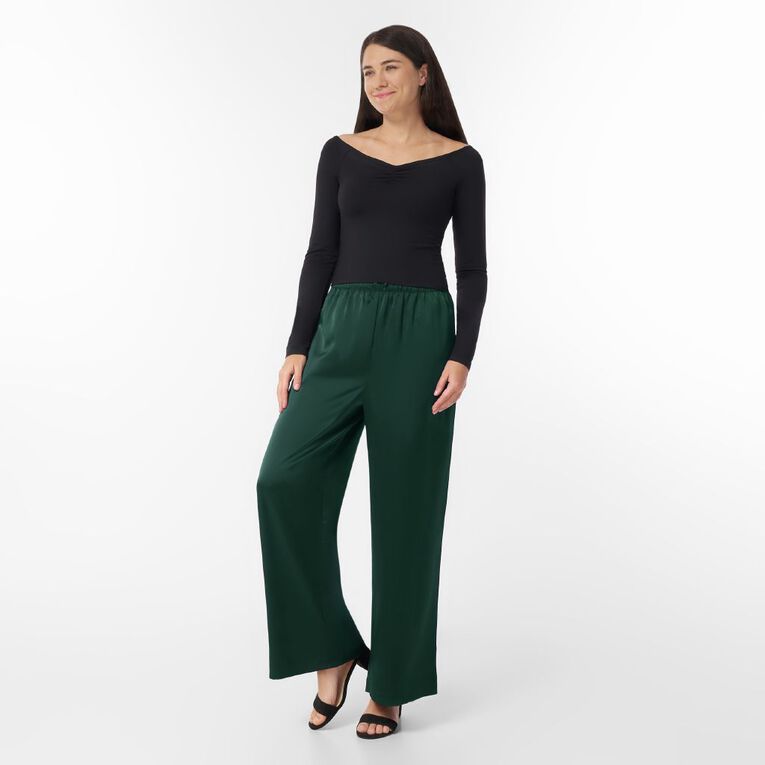 H&H Women's Satin Wide Leg Pants, Green Mid, hi-res