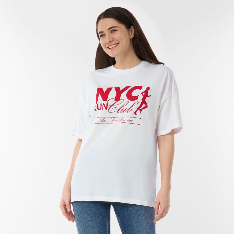 H&H Women's Short Sleeve Boyfriend Graphic Tee, White NYC RUN, hi-res