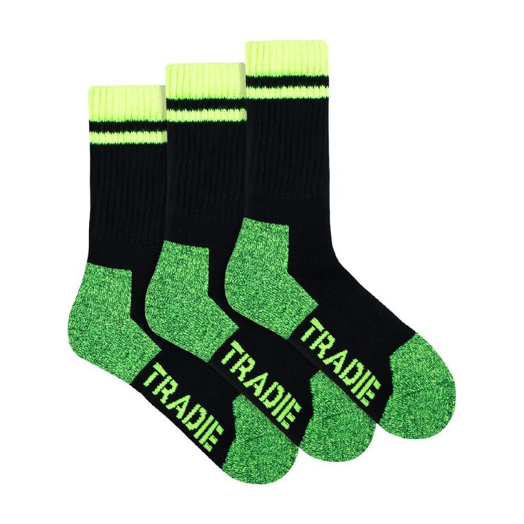 Tradie Tough Men's Work Crew Socks 3 Pack, Black/Yellow, hi-res