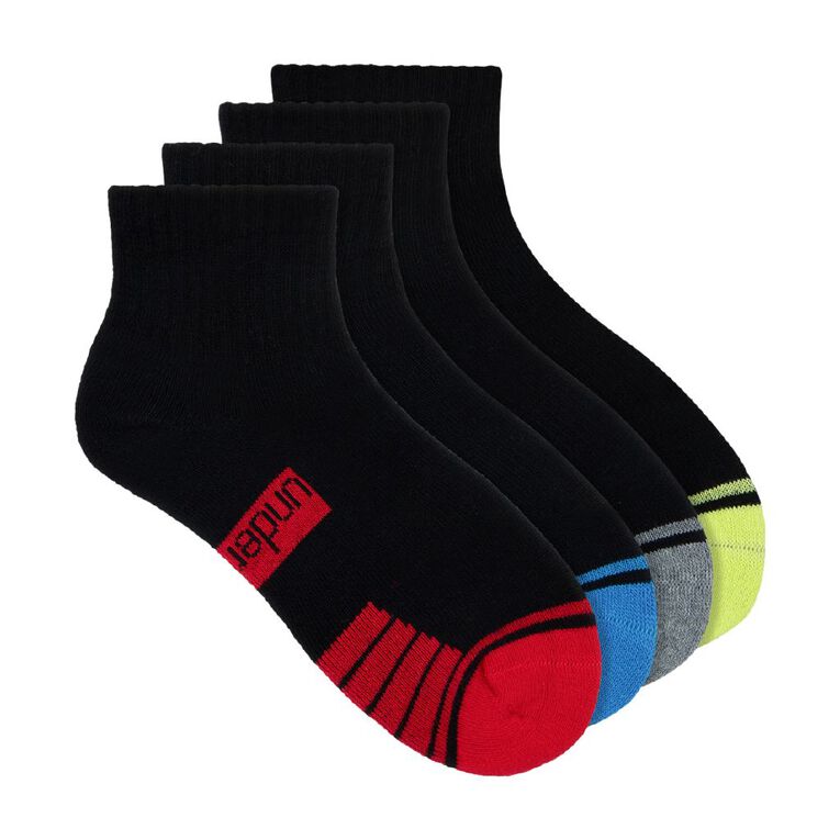 Underworks Kids' Quarter Crew Sport Socks 4 Pack, Black S25 BBL2, hi-res