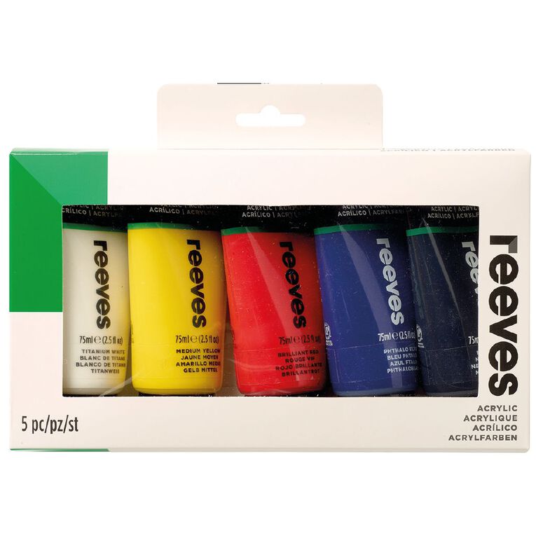 Reeves Artist Acrylic Set Tubes 5 x 75ml Multi Colour, , hi-res