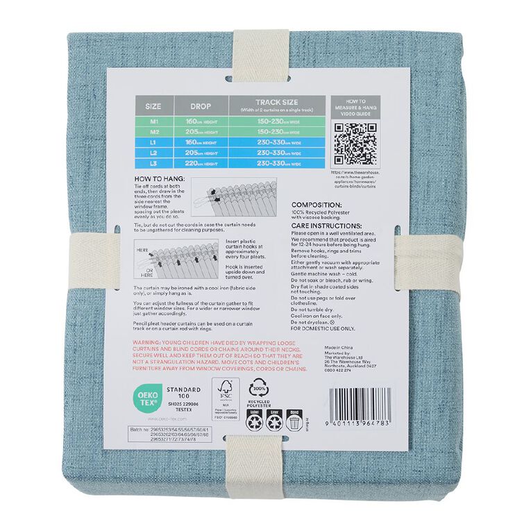 Living & Co Vienna Curtains Blue 150-230cm Wide/205cm Drop, , hi-res