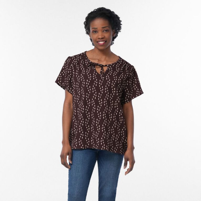 H&H Women's Short Sleeve V Neck Flutter Top, Brown Dark, hi-res