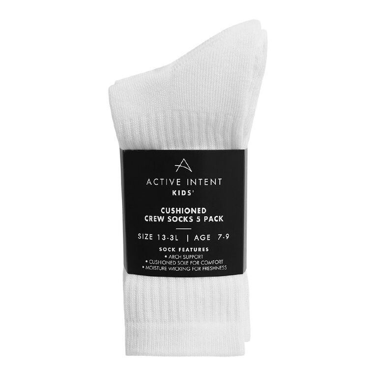 Active Intent Kids' Cushioned Rib Crew Plain Socks 5 Pack, White, hi-res