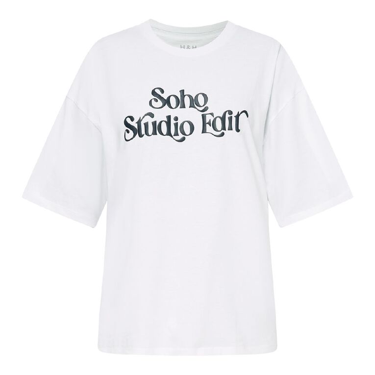 H&H Women's Short Sleeve Boyfriend Graphic Tee, White SOHO, hi-res