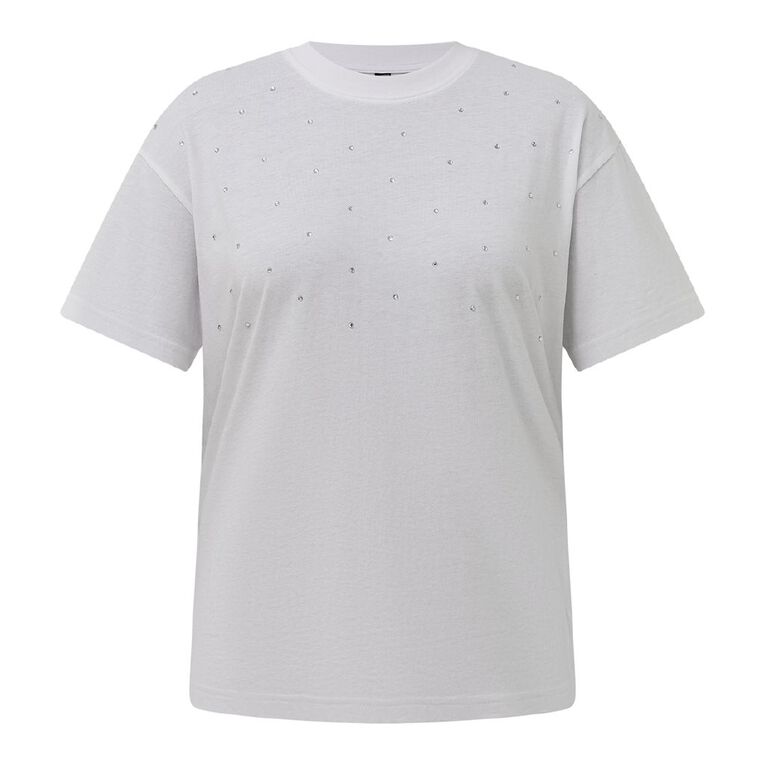 H&H Women's Short Sleeve Embellished Tee, White, hi-res