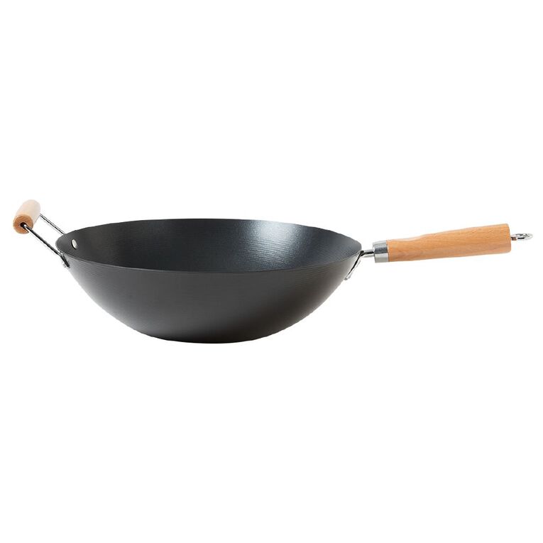 Living & Co Non Stick Wok with Wooden Handle Black 35cm, , hi-res