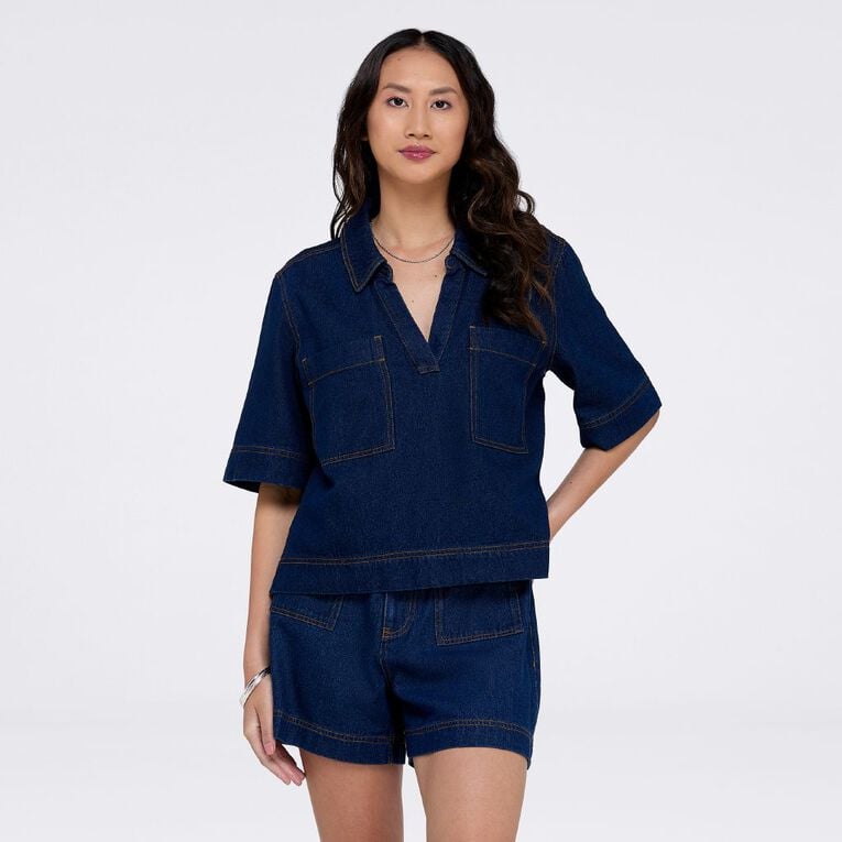 H&H Women's Short Sleeve Denim Popover Top, Denim, hi-res