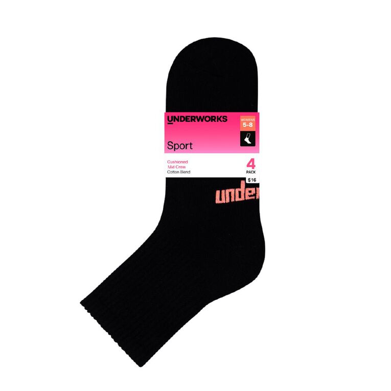 Underworks Women's Sport Mid Crew Socks 4 Pack, Black, hi-res