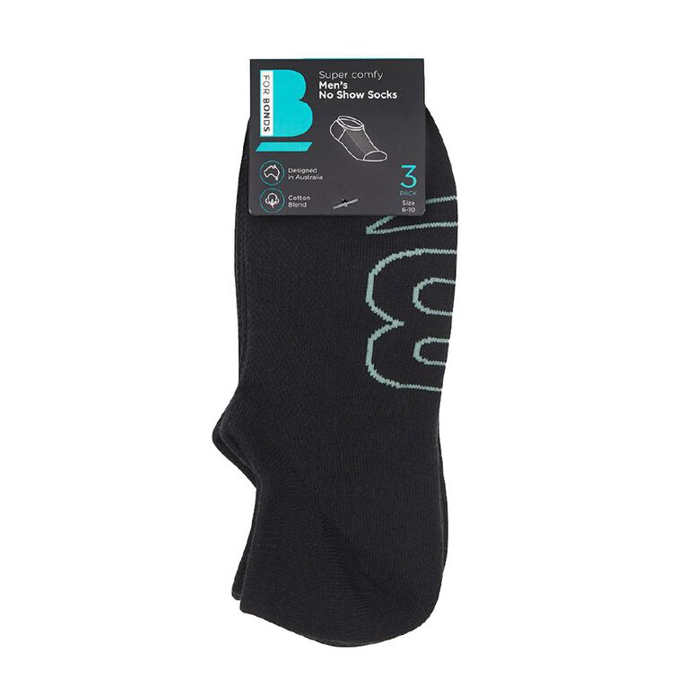 B FOR BONDS Men's No Show Socks 3 Pack, Black, hi-res