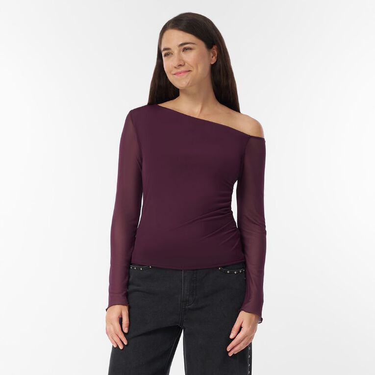 H&H Women's Long Sleeve Mesh Ruched Asymmetric Top, Red Dark, hi-res