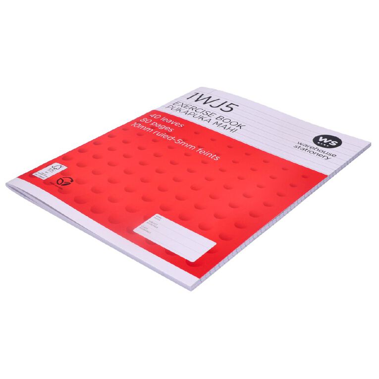 WS Exercise Book 1WJ5 5mm/10mm Ruled 40 Leaf Red, , hi-res