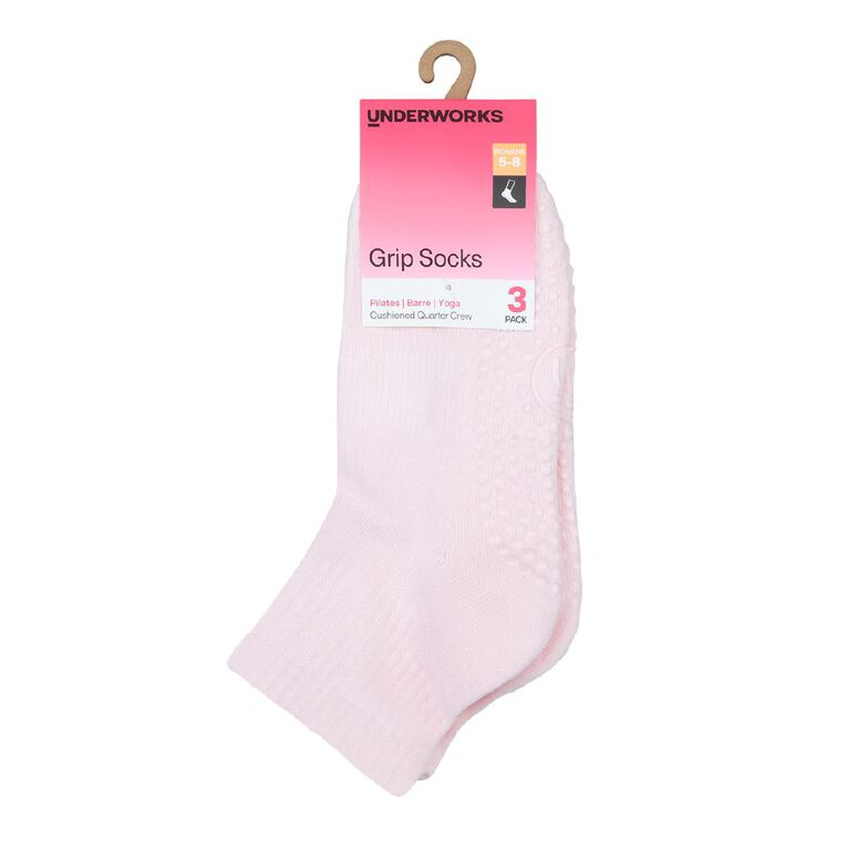 Underworks Women's Quarter Crew Grip Socks 3 Pack, Pink, hi-res