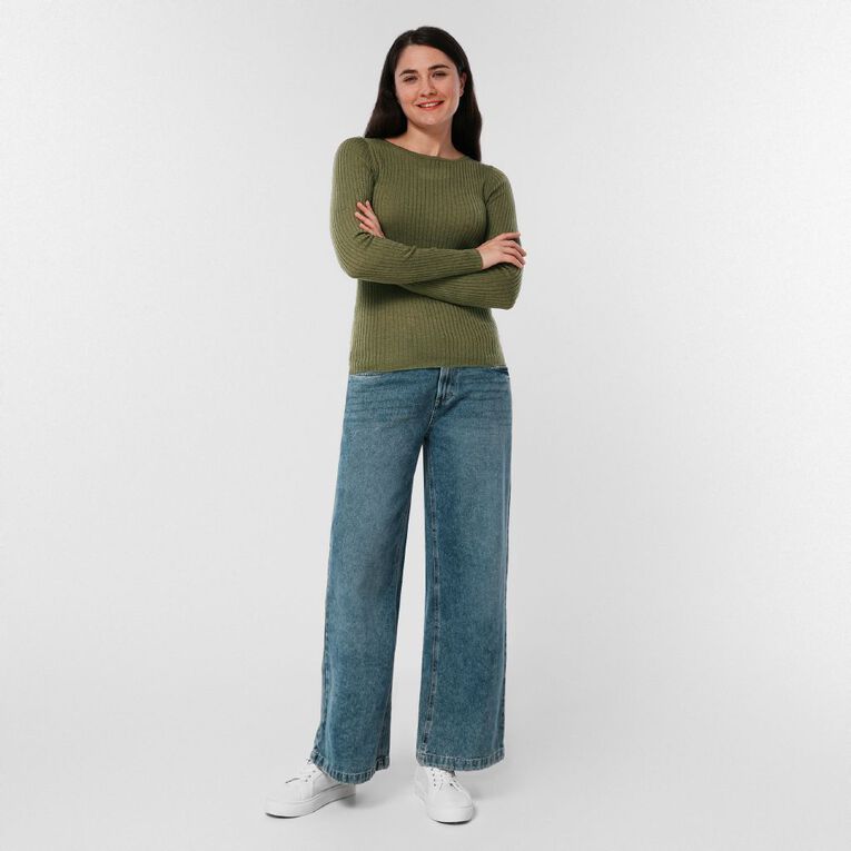 H&H Women's Merino Blend Rib Crew Knit, Green Mid, hi-res
