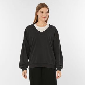 H&H Women's Long Sleeve V Neck Terry Crew