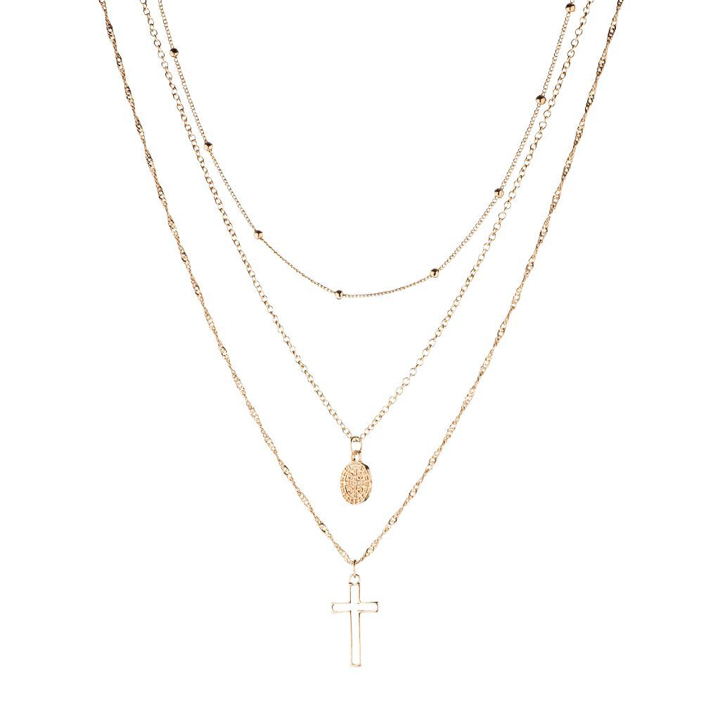Layer Coin Cross Gold Necklace Gold 