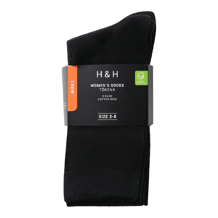 H&H Women's Plain Crew Socks 5 Pack, Black, hi-res