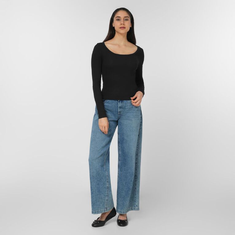 H&H Women's Long Sleeve Scoop Neck Rib Top, Black, hi-res