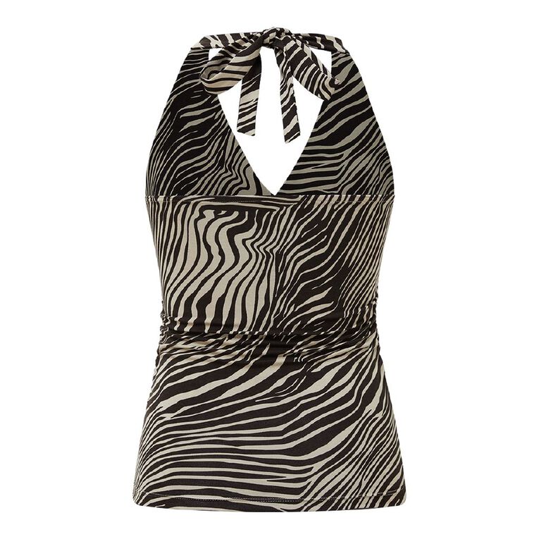 H&H Women's Contour Print Halter Neck Top, Brown Dark, hi-res