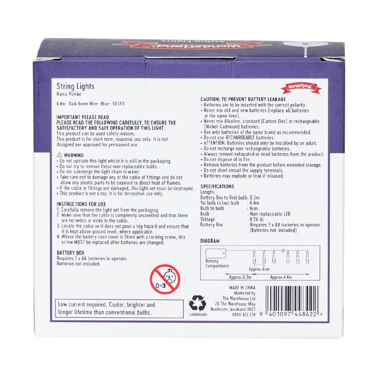 Wonderland Battery String Lights Dark Wire 50 LED Blue, , hi-res