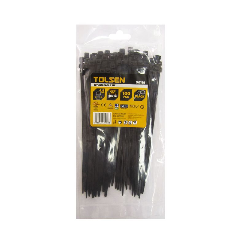 Tolsen Cable Tie 200mm x 4.8mm Black 100 Pack, , hi-res