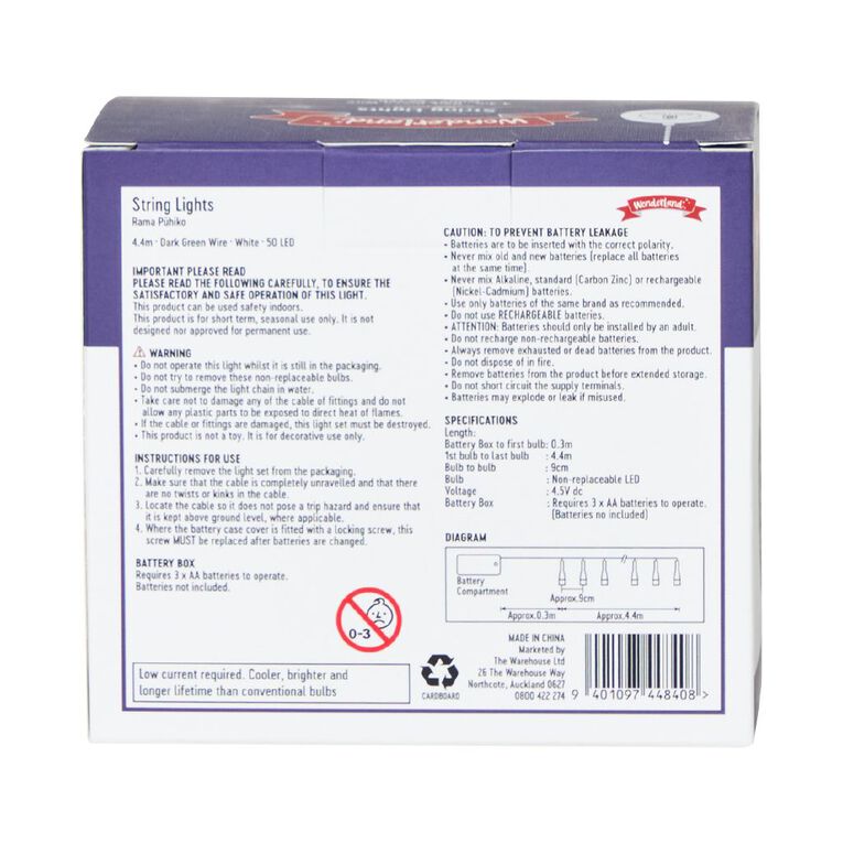 Wonderland Battery String Lights Dark Wire 50 LED White, , hi-res