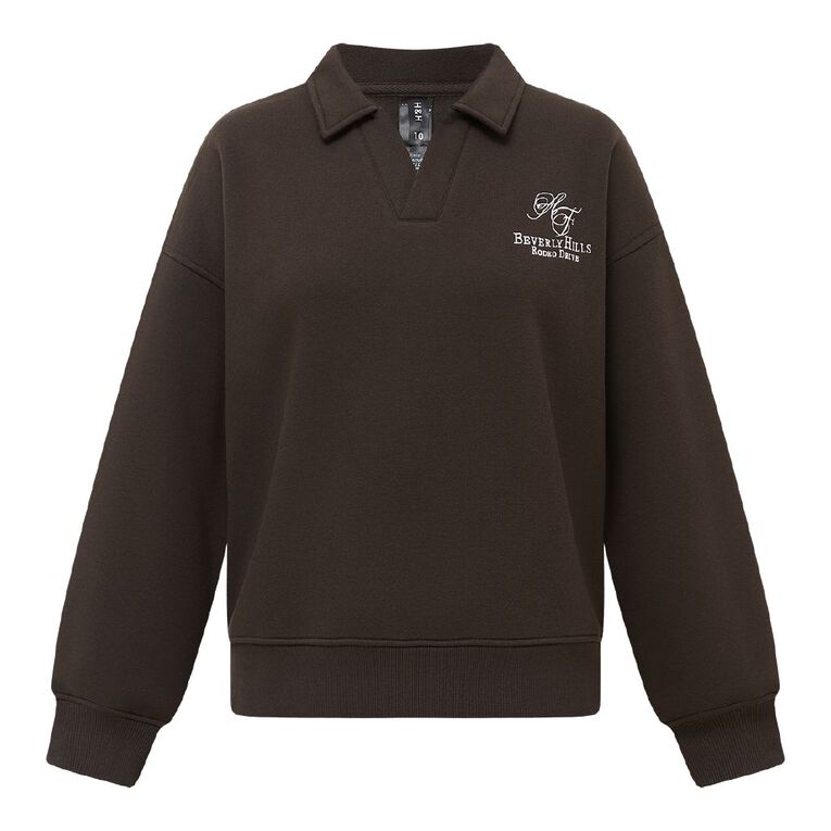 H&H Women's Long Sleeve Collared Sweat, Brown Dark, hi-res