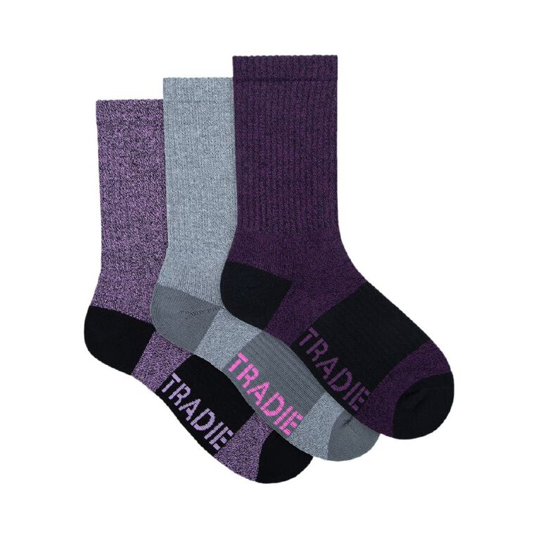 Tradie Women's Ribbed Crew Socks 3 Pack, Black, hi-res
