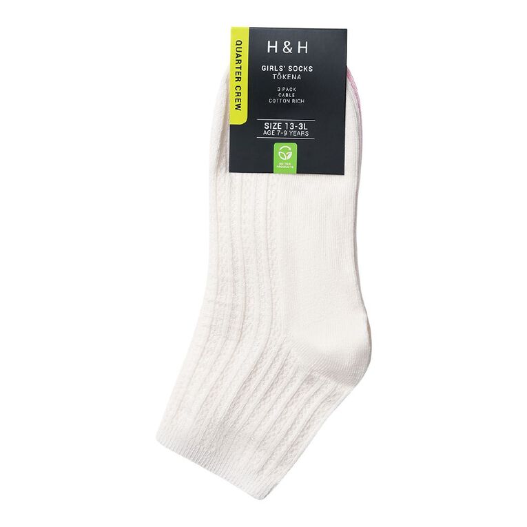 H&H Girls' Cable Quarter Crew Socks 3 Pack, Pink Mid, hi-res