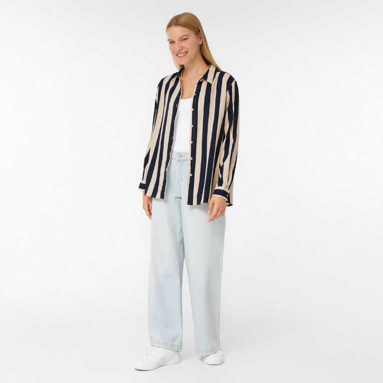 H&H Women's Long Sleeve Essential Linen Blend Shirt, Navy/White, hi-res