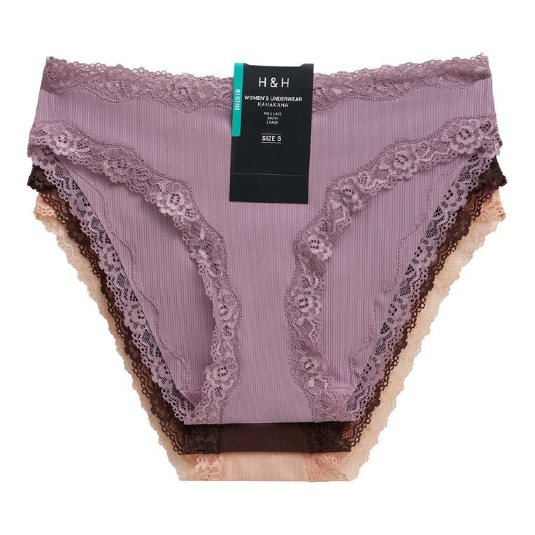 H&H Women's Rib And Lace Bikini Briefs 3 Pack, Brown Dark, hi-res